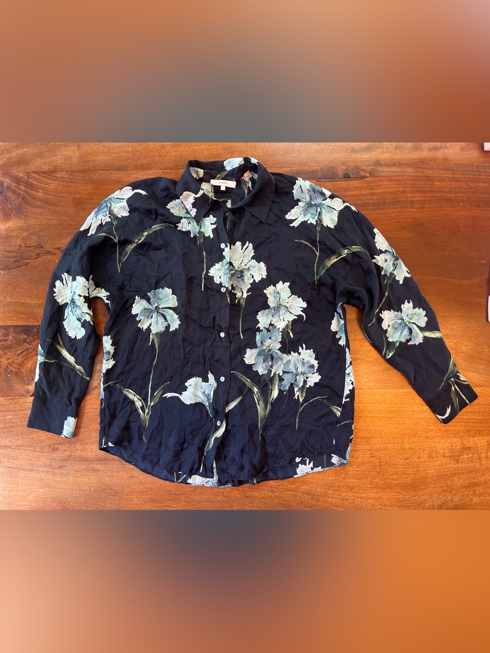 Vince 100% Silk Floral Button Front Blouse Navy Blue Long Sleeve Womens Small